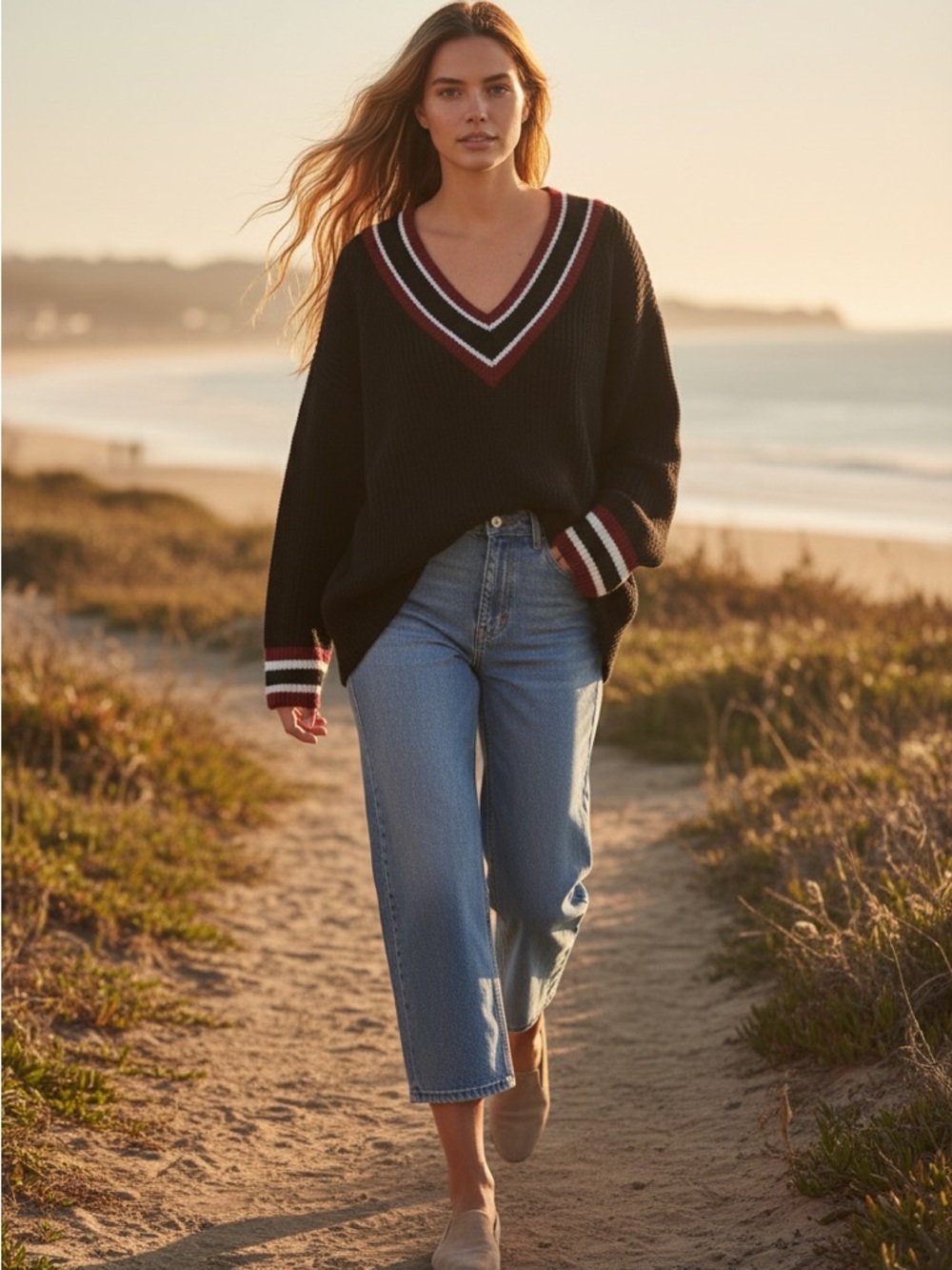 Oversized V Neck Bell Sleeve Sweater | Preppy Coastal Knit Black Stripe